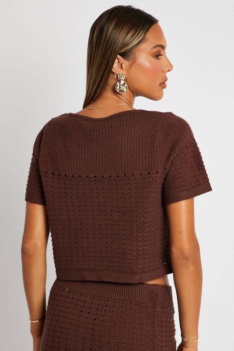 Brown Knit Top Short Sleeve Crochet