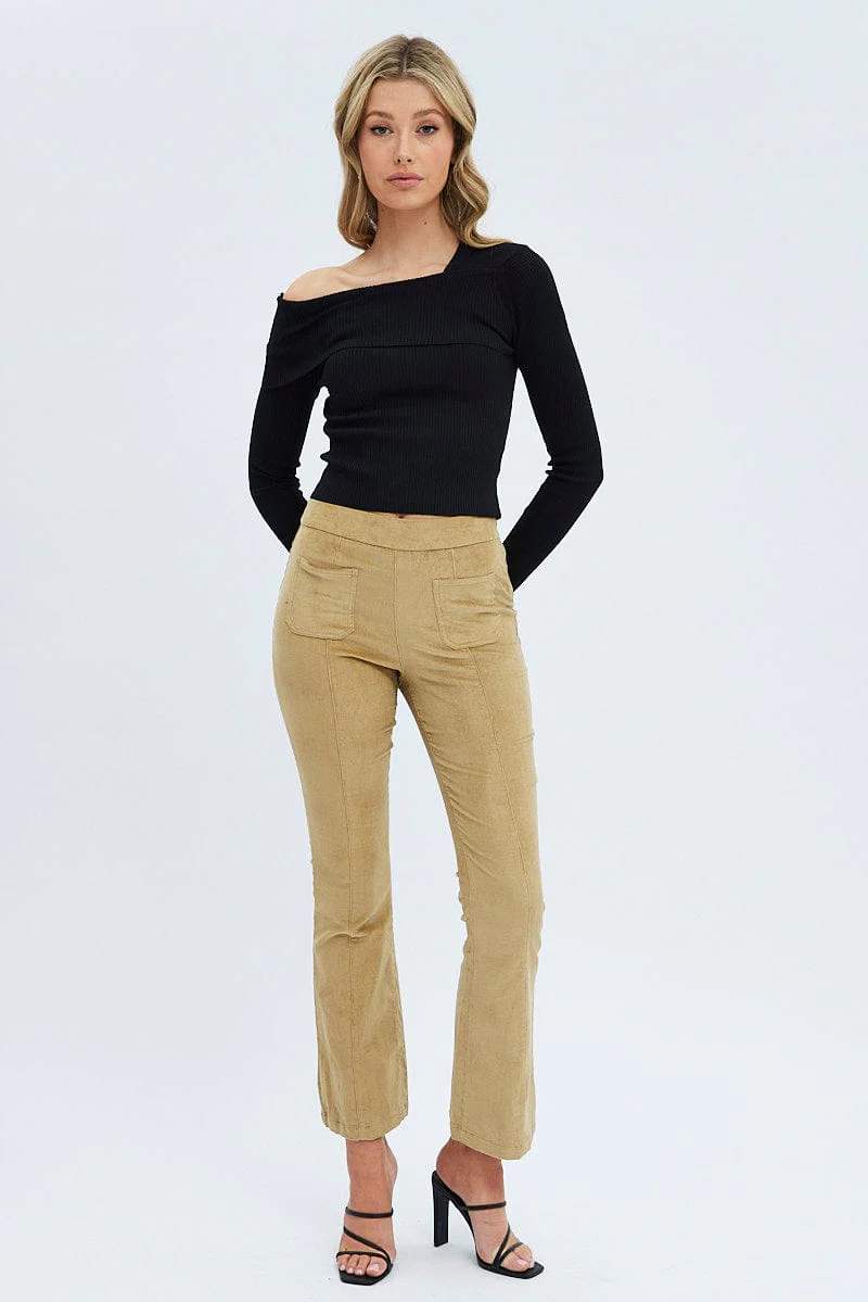 Camel Flare Leg Pants High Rise Corduroy