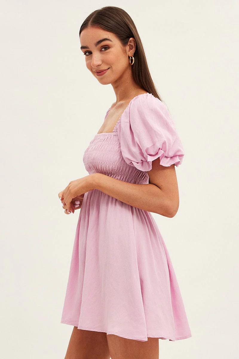 Pink Skater Dress Square Neck Short Sleeve