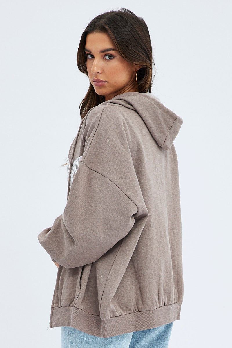 Brown Zip Hoodie Long Sleeve Graphic