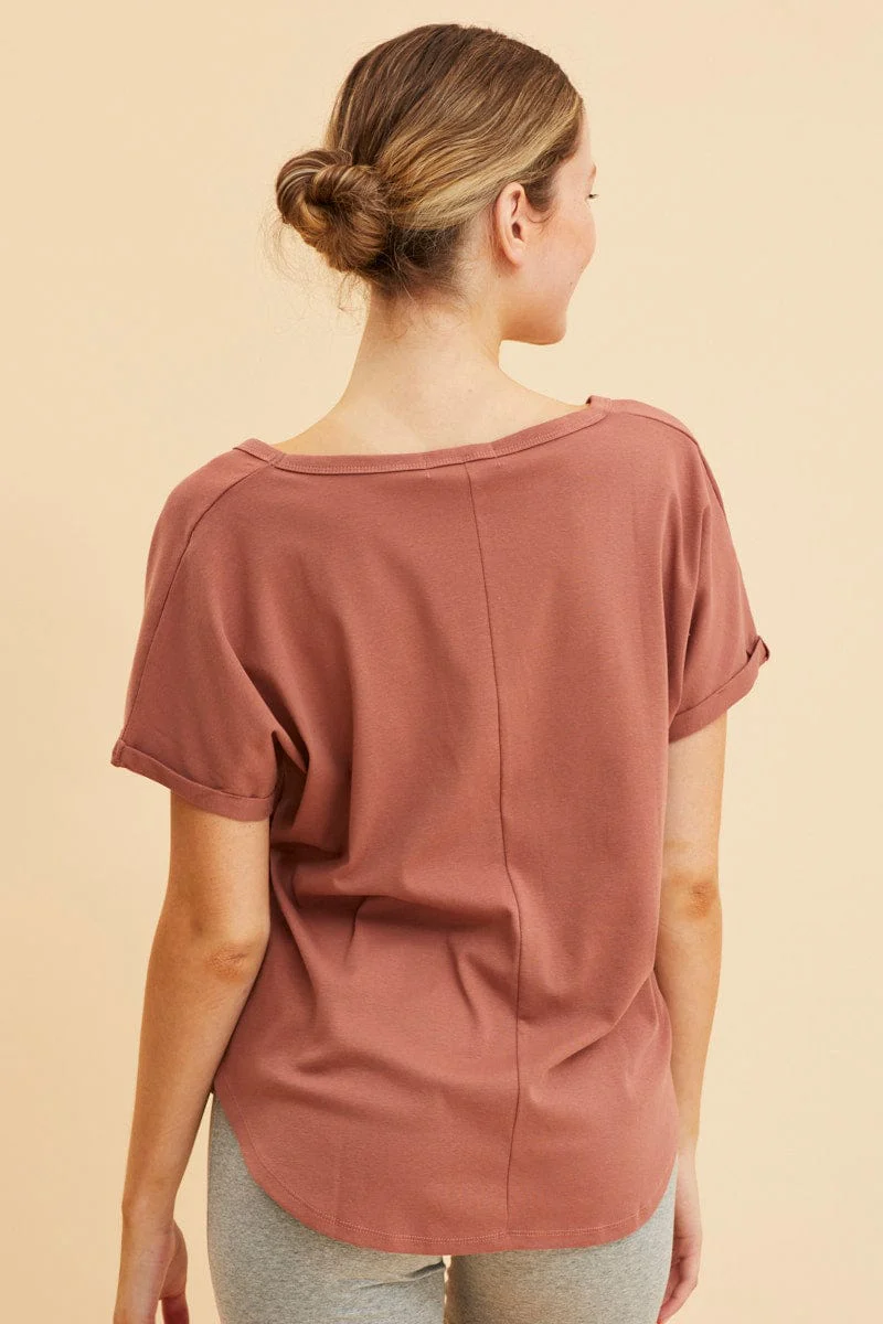 Brown Pocket Tee Scoop Neck Cotton Stretch Short Sleeve