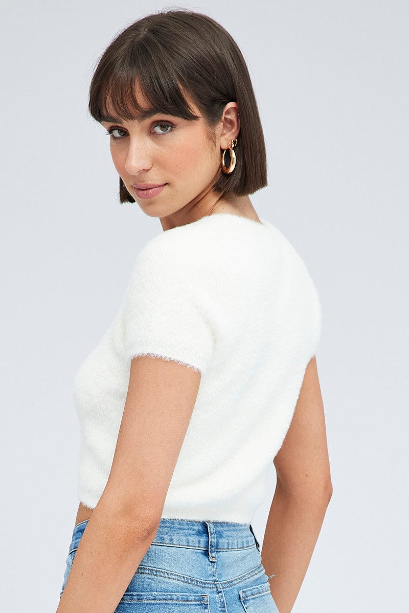 White Fluffy Knit Top Short Sleeve Crew Neck