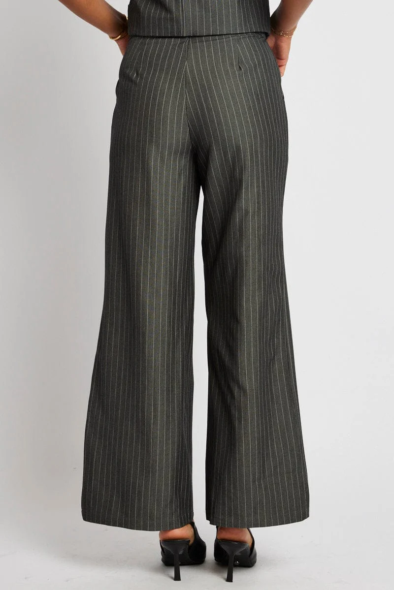 Grey Stripe Wide Leg Pants High Rise