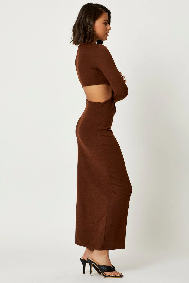 Brown Knot Front Cut Out Dress