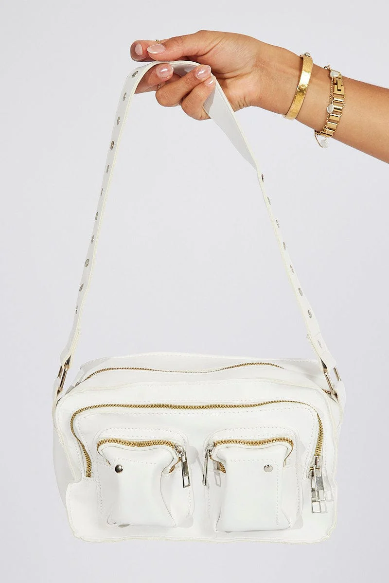 White Versatile Multi-Pocket Casual Shoulder Bag