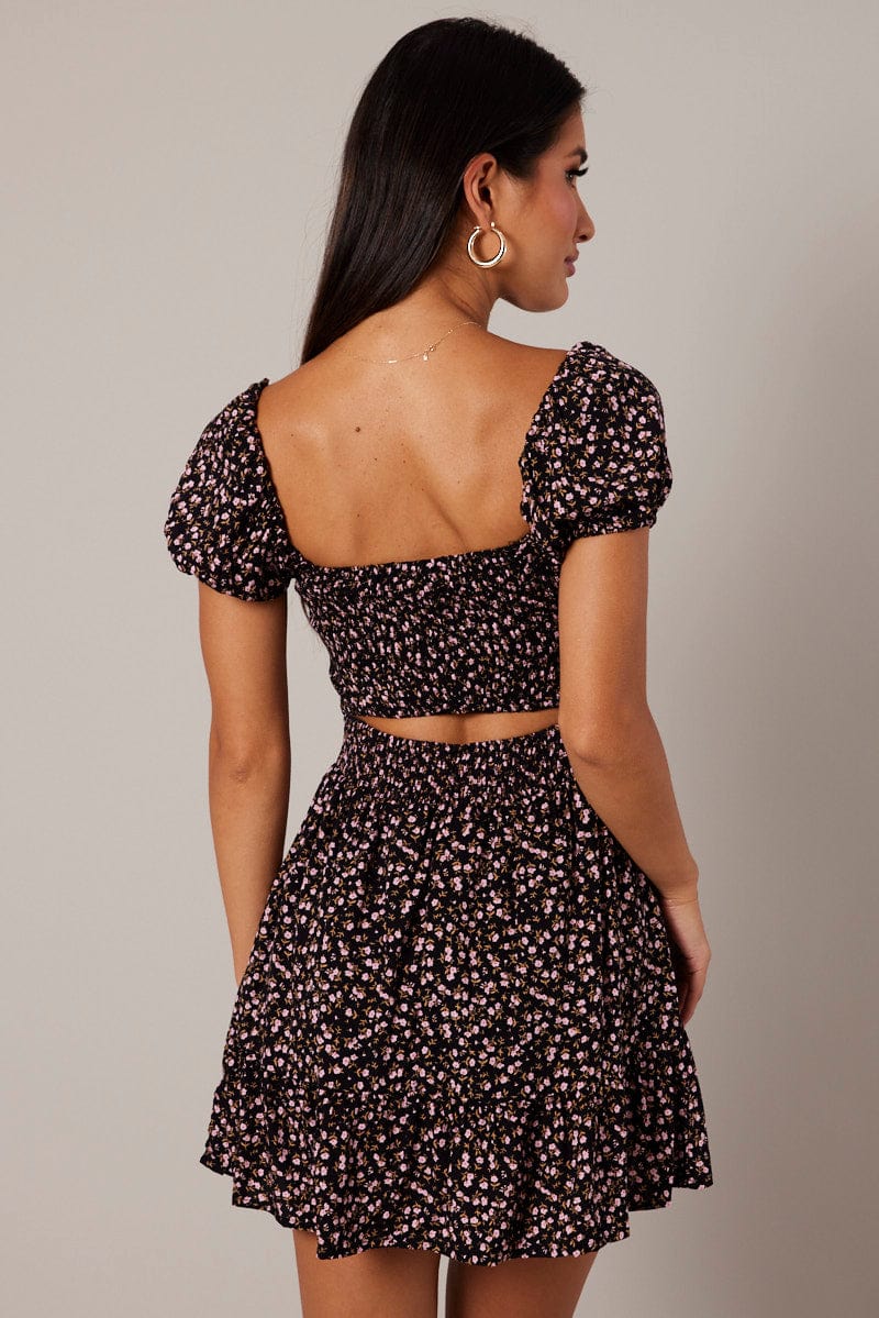 Black Ditsy Fit and Flare Dress Short Sleeve Lace Up Front