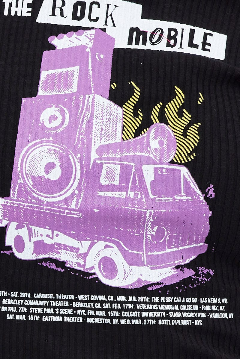 Black Top Long Sleeve Crew Neck Longline Rock Graphic