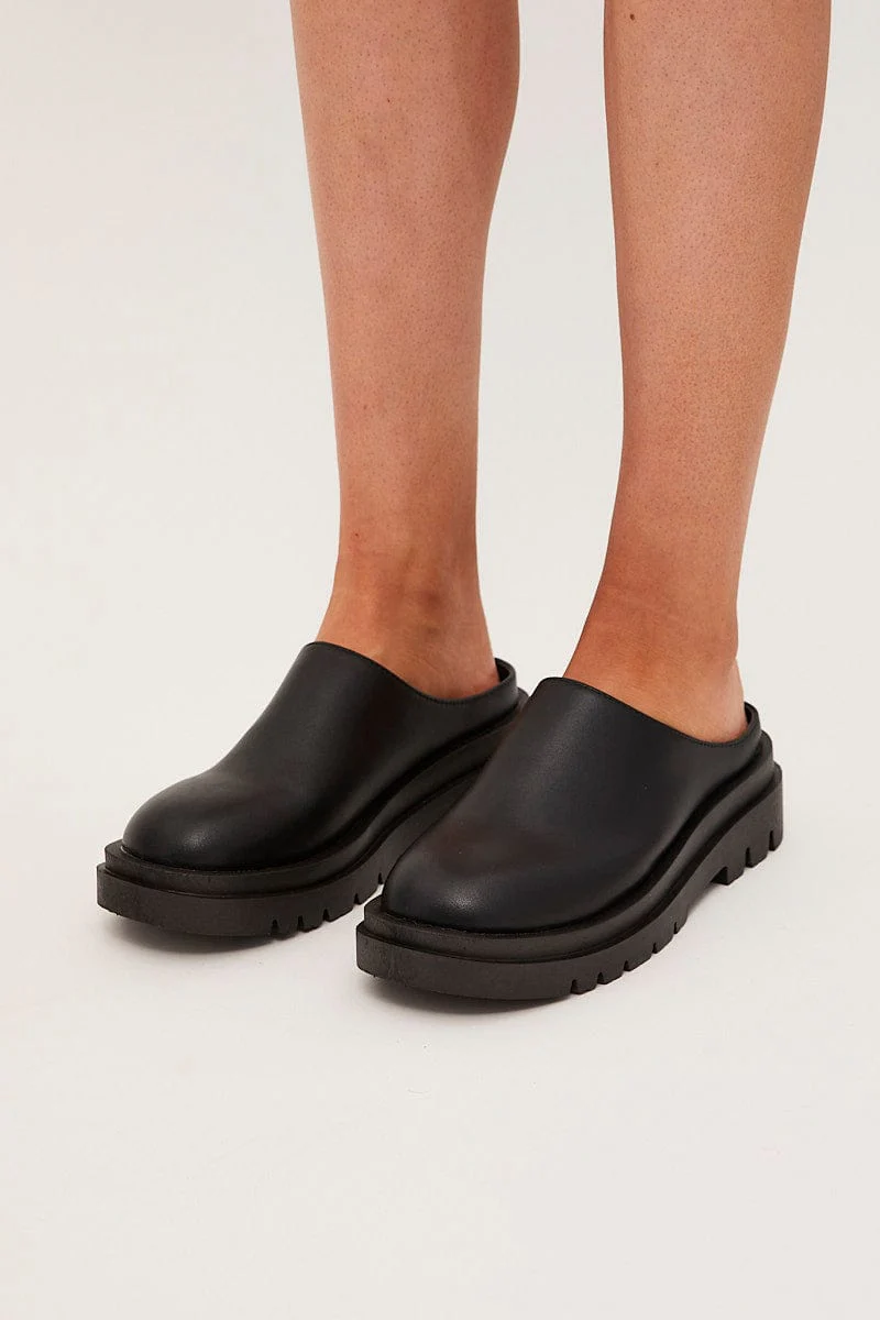 Black Chunky Sole Flat Mules