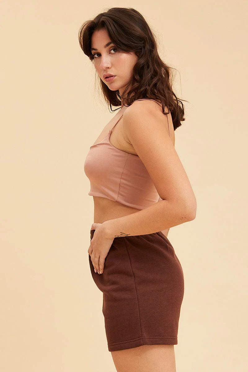 Brown Lounge Shorts Cotton Fleece Relaxed Fit