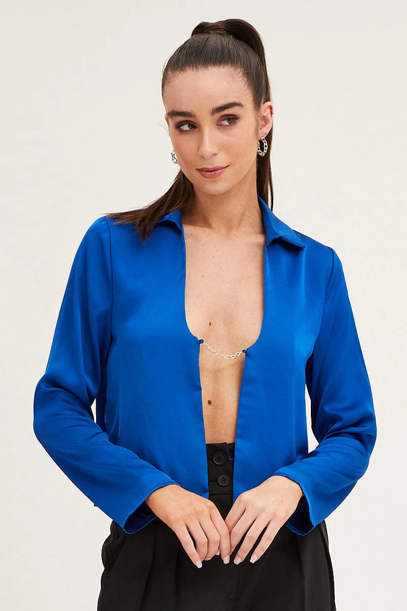 Blue Satin Long Sleeve Collared Chain-Link Front Jacket