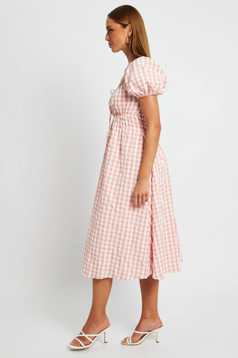 Pink Check Midi Dress Short Sleeve Ruched Bust