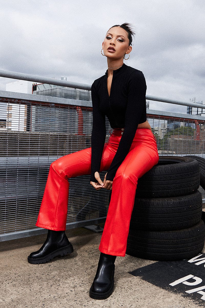 Red Flare Leg Pants Mid Rise Faux Leather