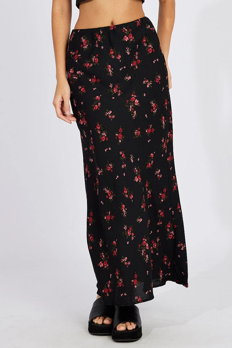Black Floral Slip Skirt Maxi