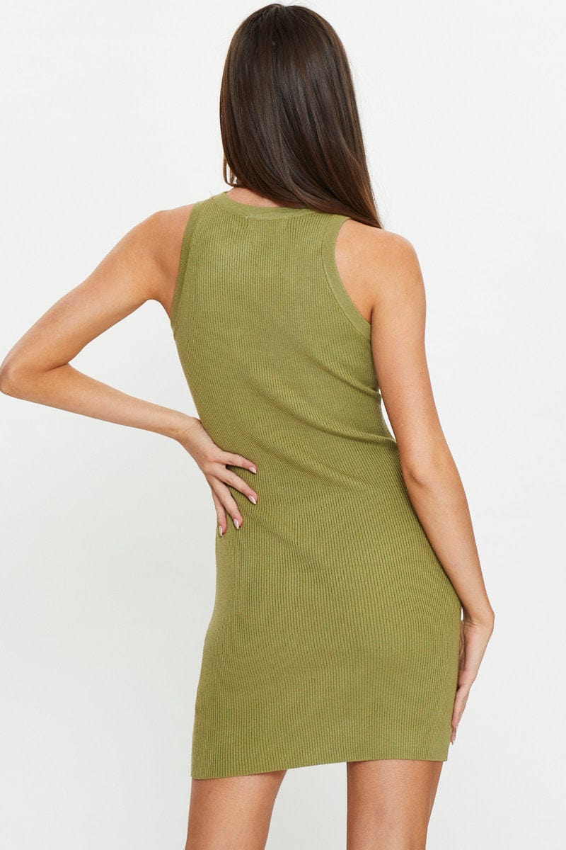 Green Sleeveless Racer Back Mini Rib Dress