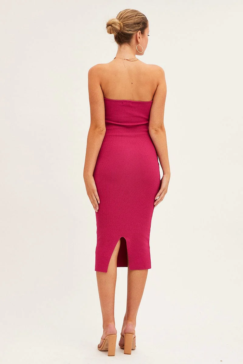 Magenta Sweetheart Neckline Bandeau Knit Bodycon Dress