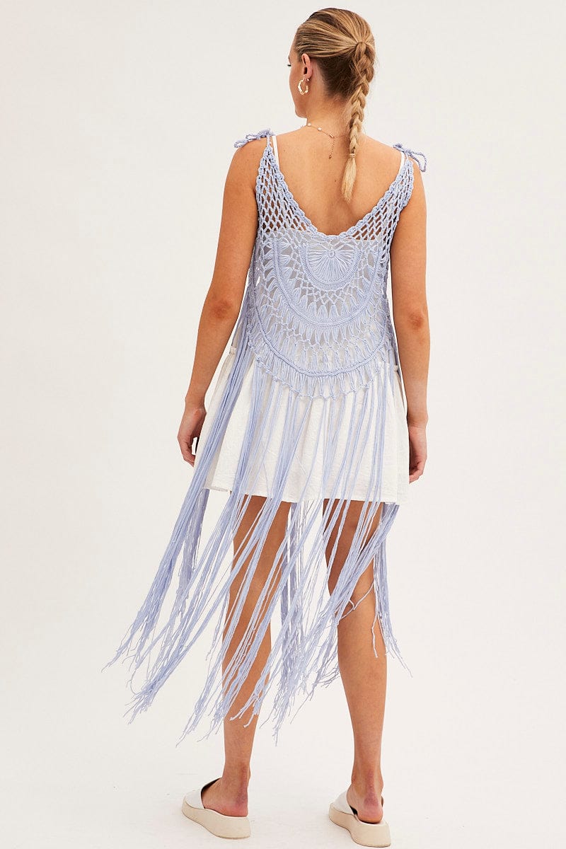 Blue Crochet Beach Pullover Dress Cover Up