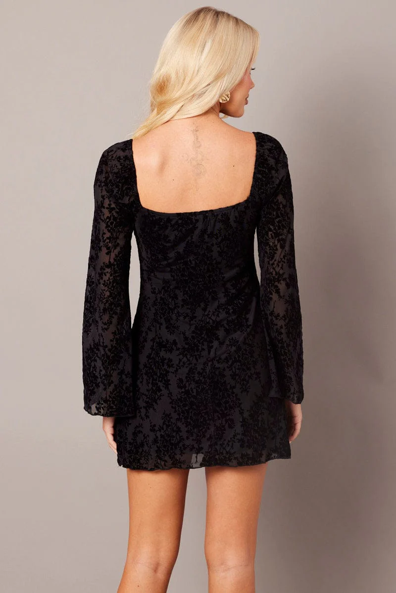Black Mini Dress Long Sleeve Burnout
