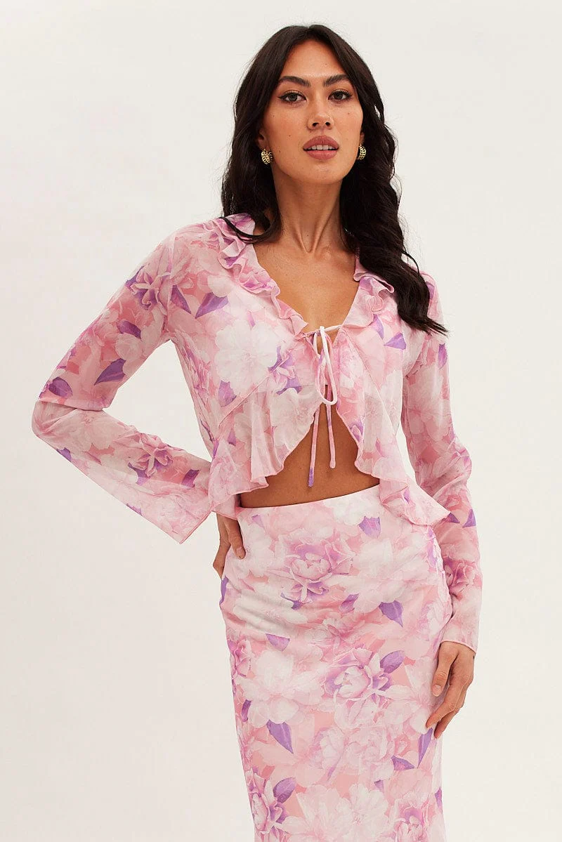 Pink Floral Bolero Flare Long Sleeve V Neck Floral Chiffon