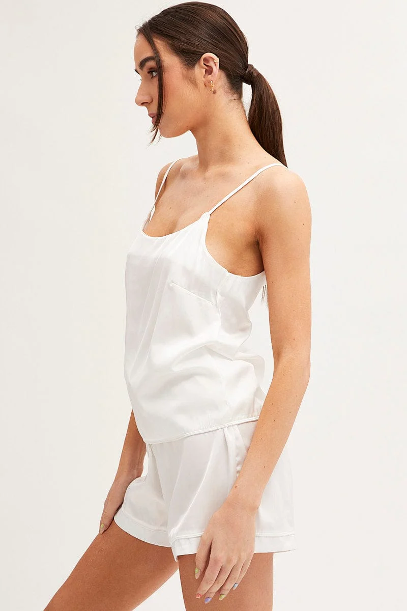 White Pyjamas Set Scoop Neck Cami Top & Shorts Satin