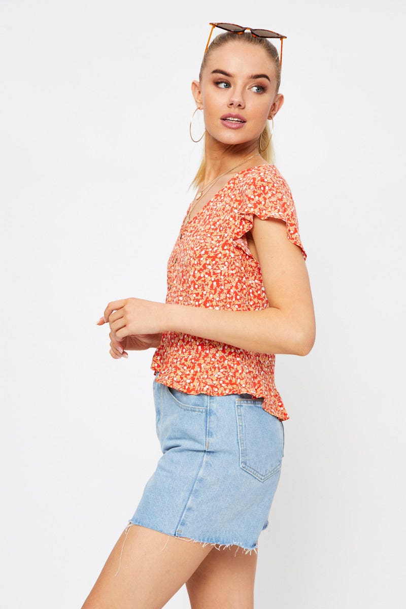 Print Button Down Ruffle Top