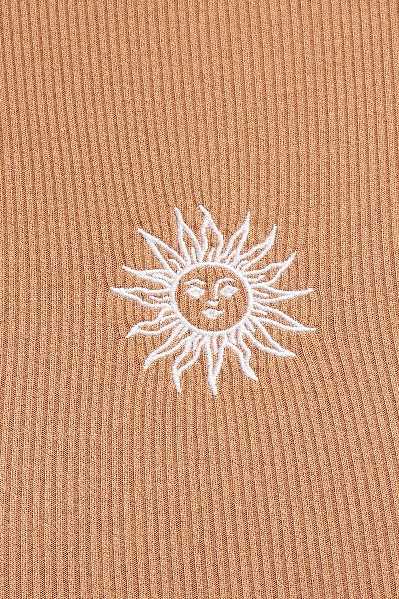 Brown Rib Jersey Embroidered Graphic Curved Hem Tank