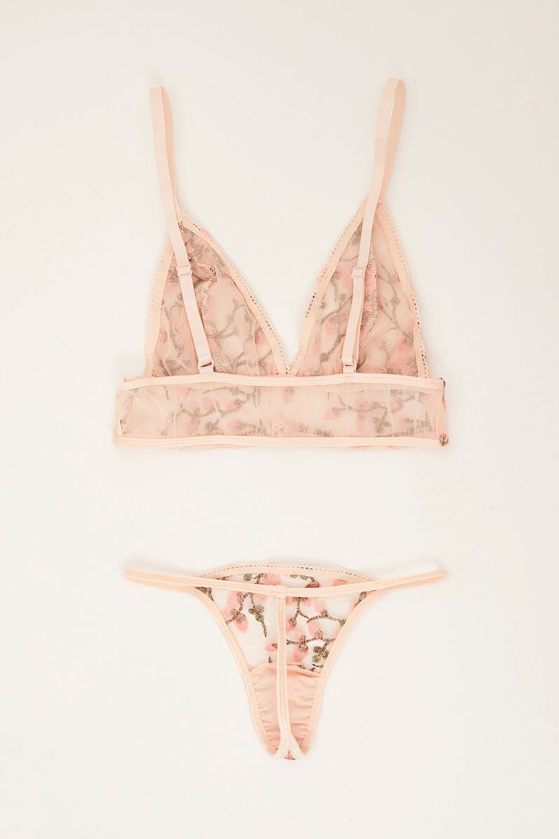 Pink Appliques Mesh Lingerie Set