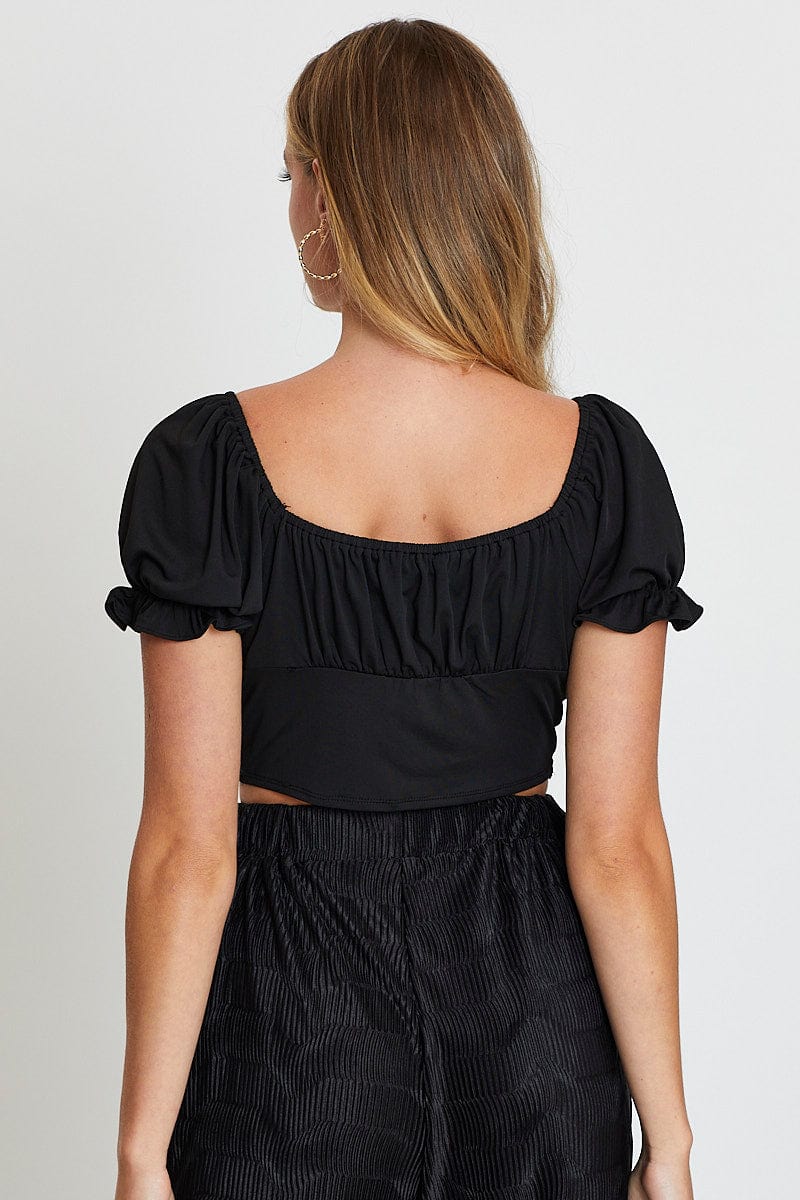 Black Jersey Top Puff Sleeve Ruche