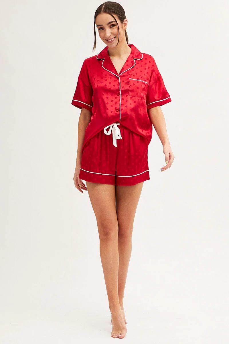 Red Polka Dot Pyjamas Set Short Sleeve Collared Shorts Satin