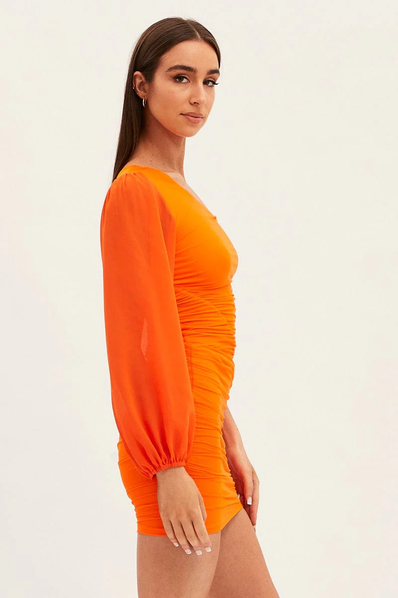 Orange One Shoulder Bodycon Mini Dress