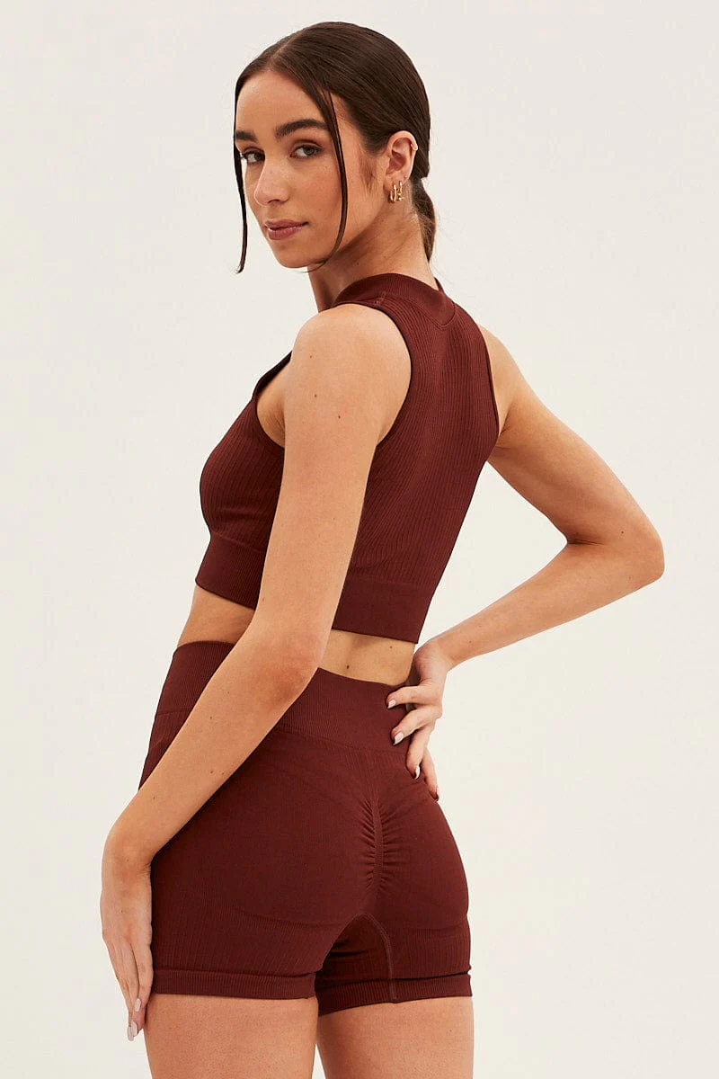 Brown Seamless Zip Top And Bike Shorts Activewear Set