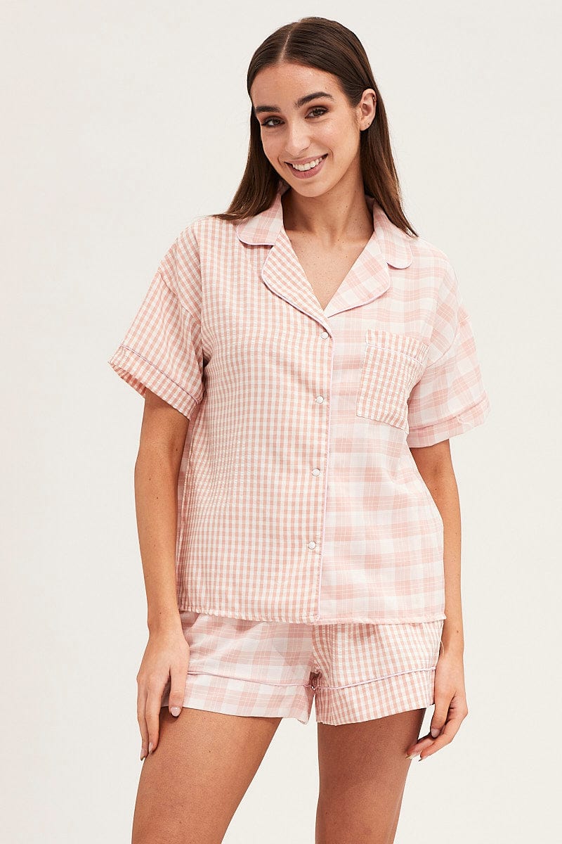 Check Short Sleeve Top And Pant Pj Set