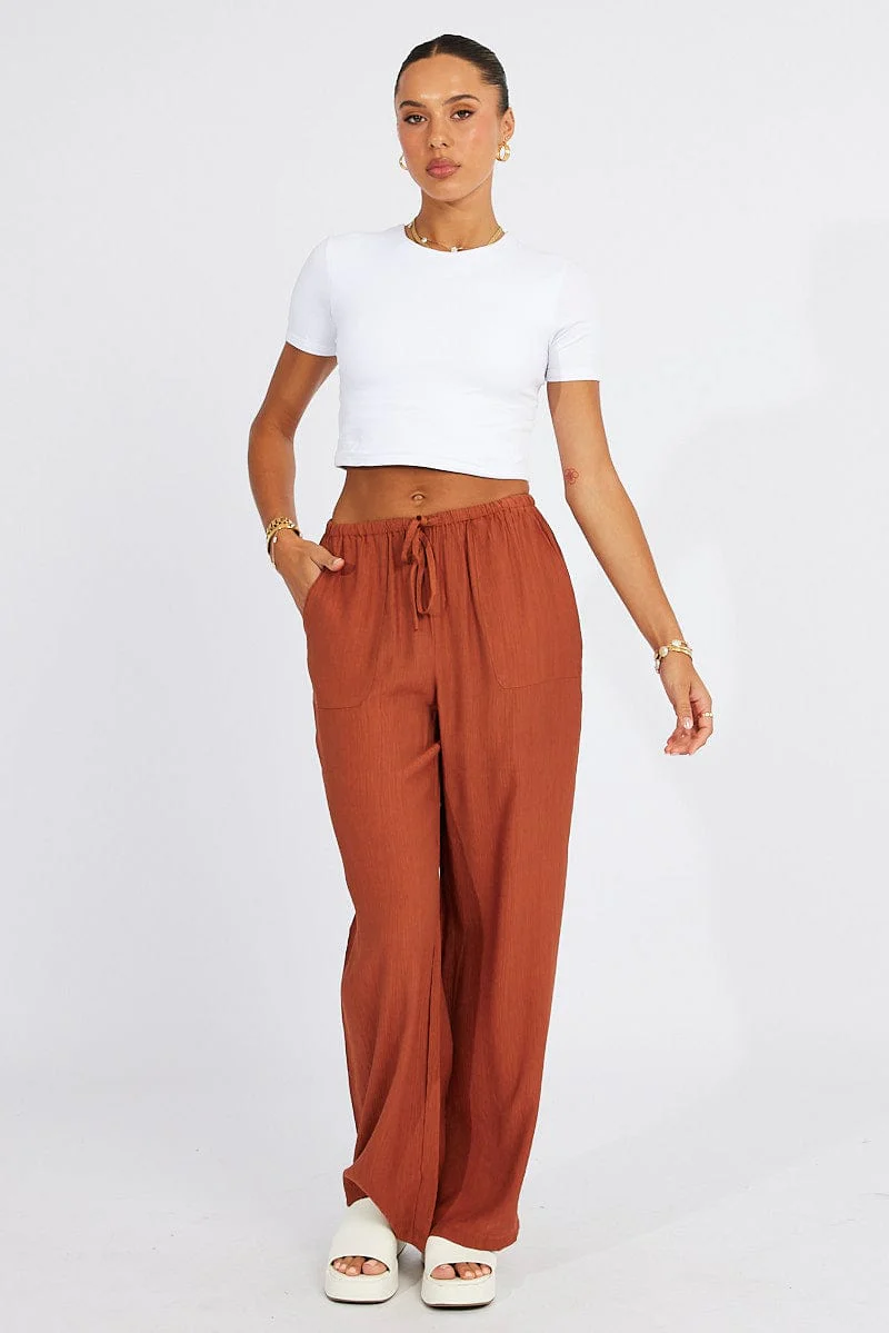 Brown Wide Leg Pants Textured Fabric