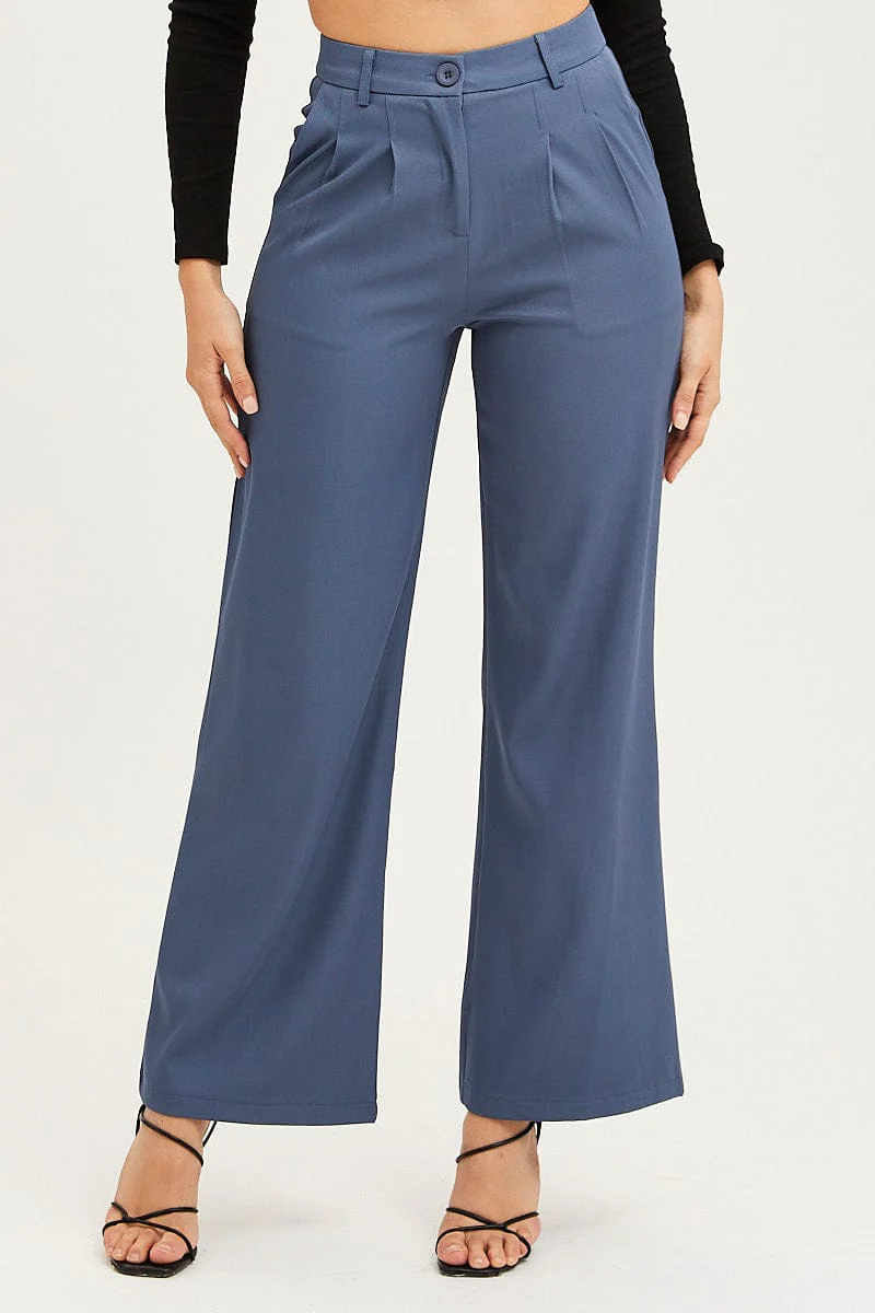Blue Pants Pleats Detail Wide Leg