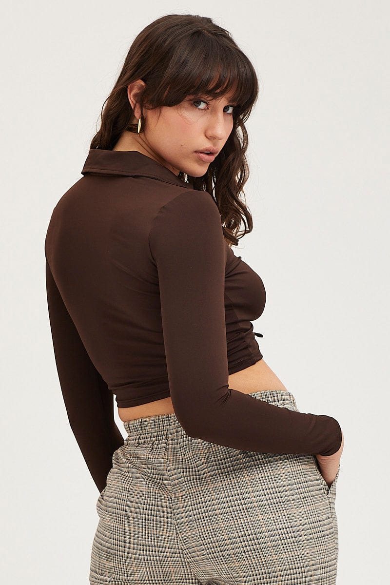 Brown Tie Up Detail Long Sleeve Top
