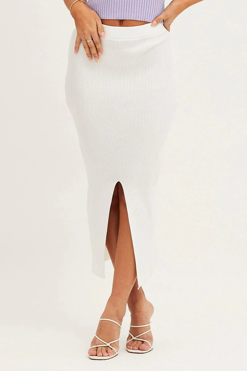 White Slit Kint Midi Skirt