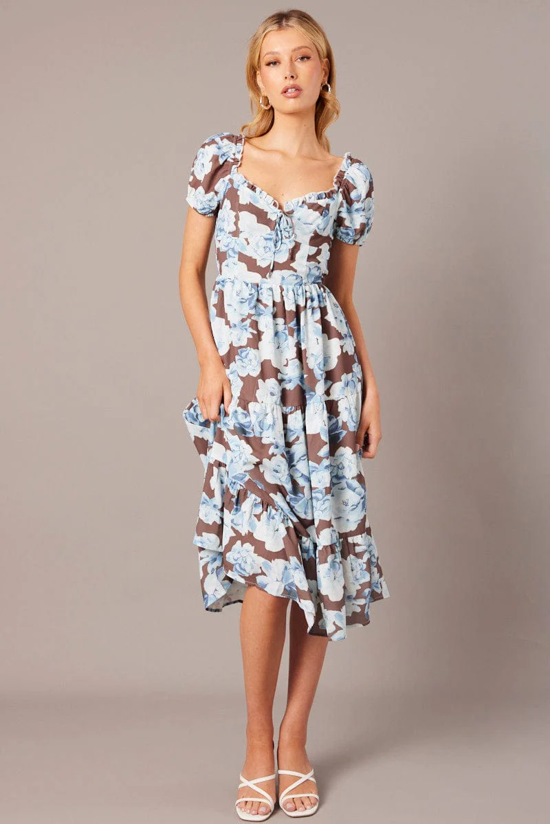 Multi Floral Maxi Dress Puff Sleeve