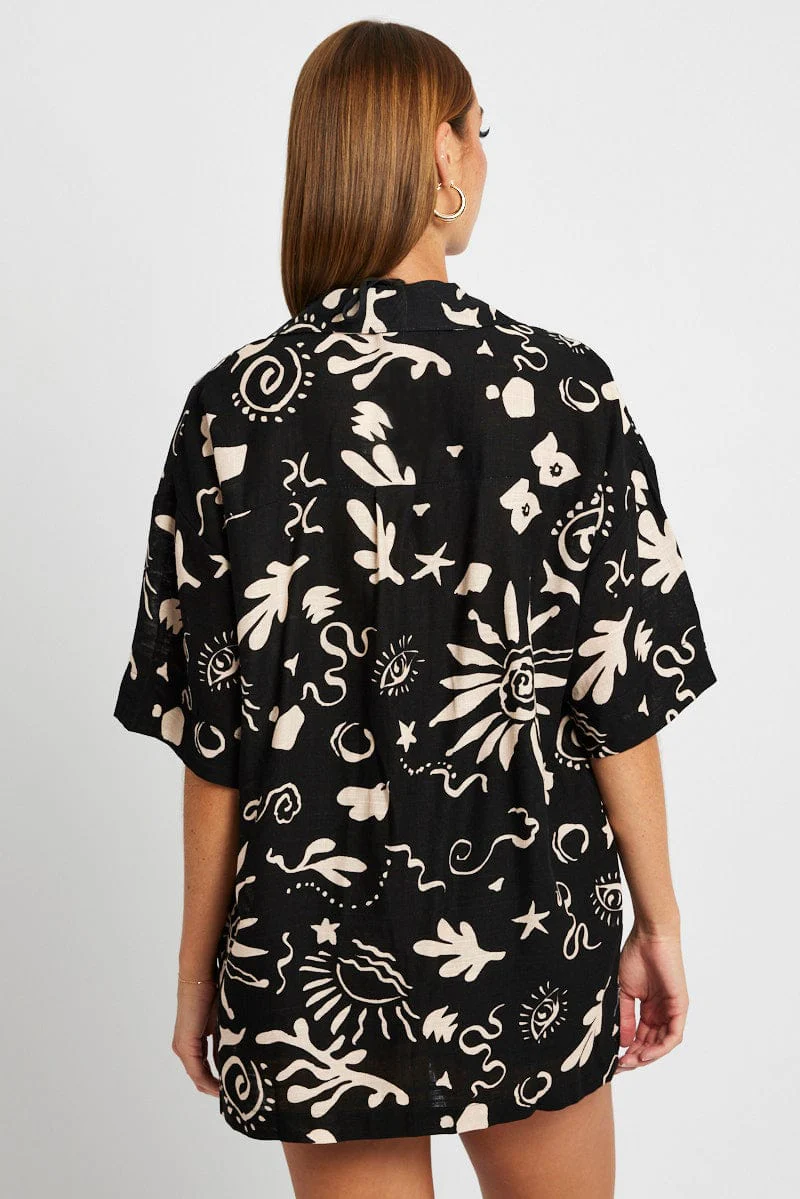 Black Abstract Linen Shirt Short Sleeve