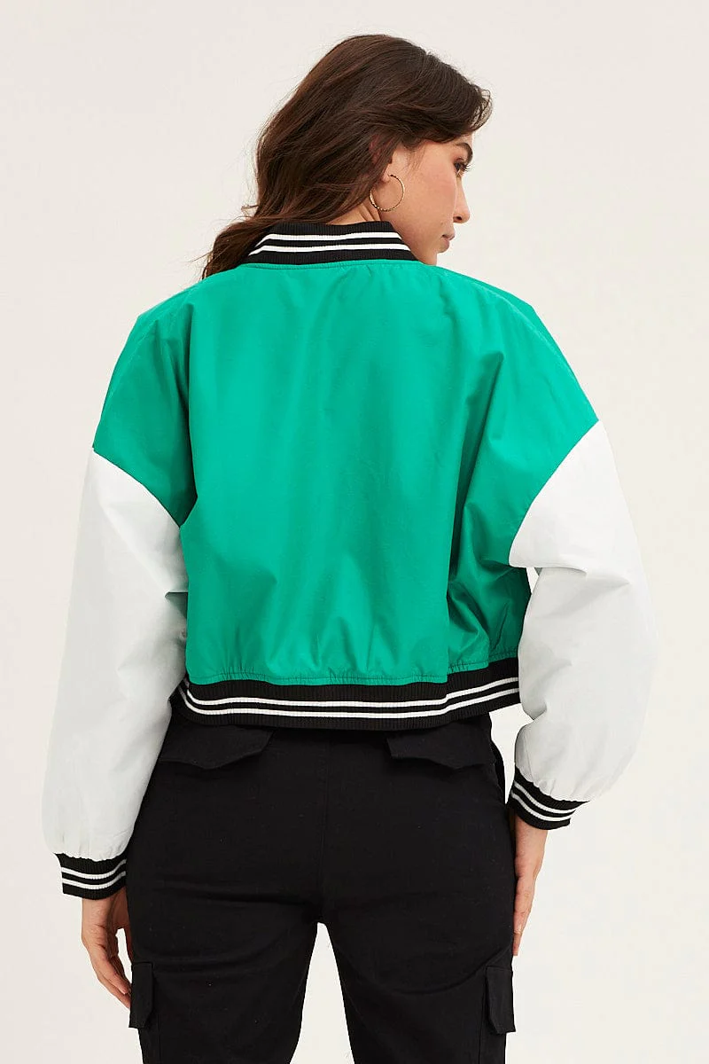 Green Cropped Varsity Bomber Jacket