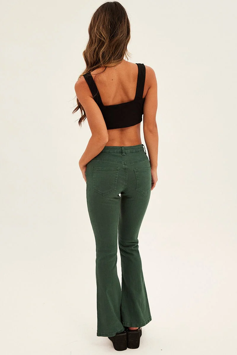 Green Flare Denim Jeans Low Rise