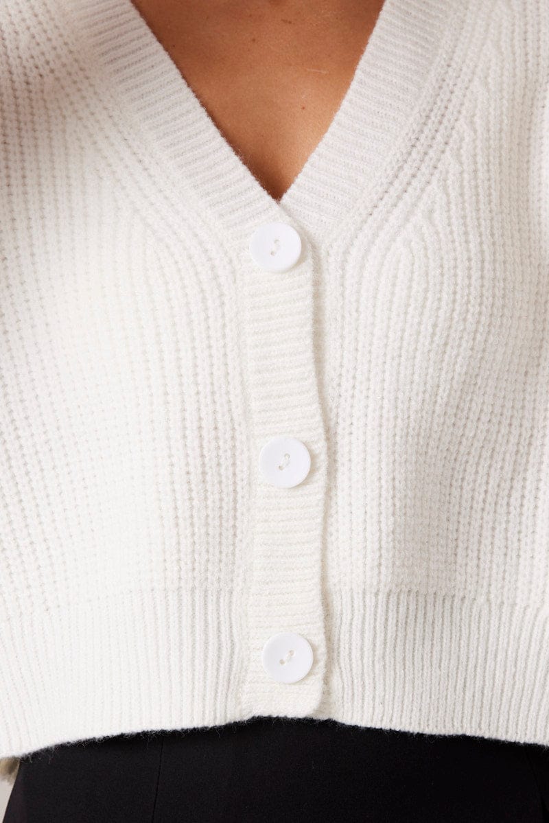 White Knit Cardigan Long Sleeve V Neck Button Up