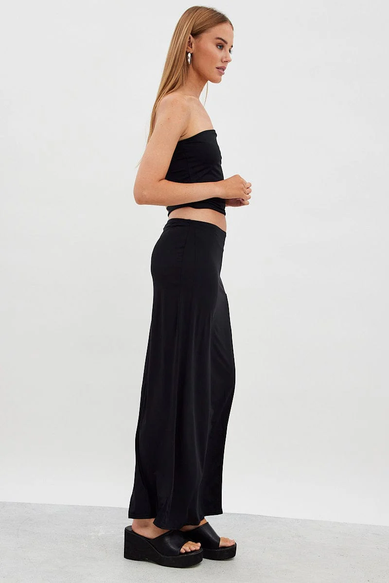 Black Maxi Skirt Mid Rise Split Nylon