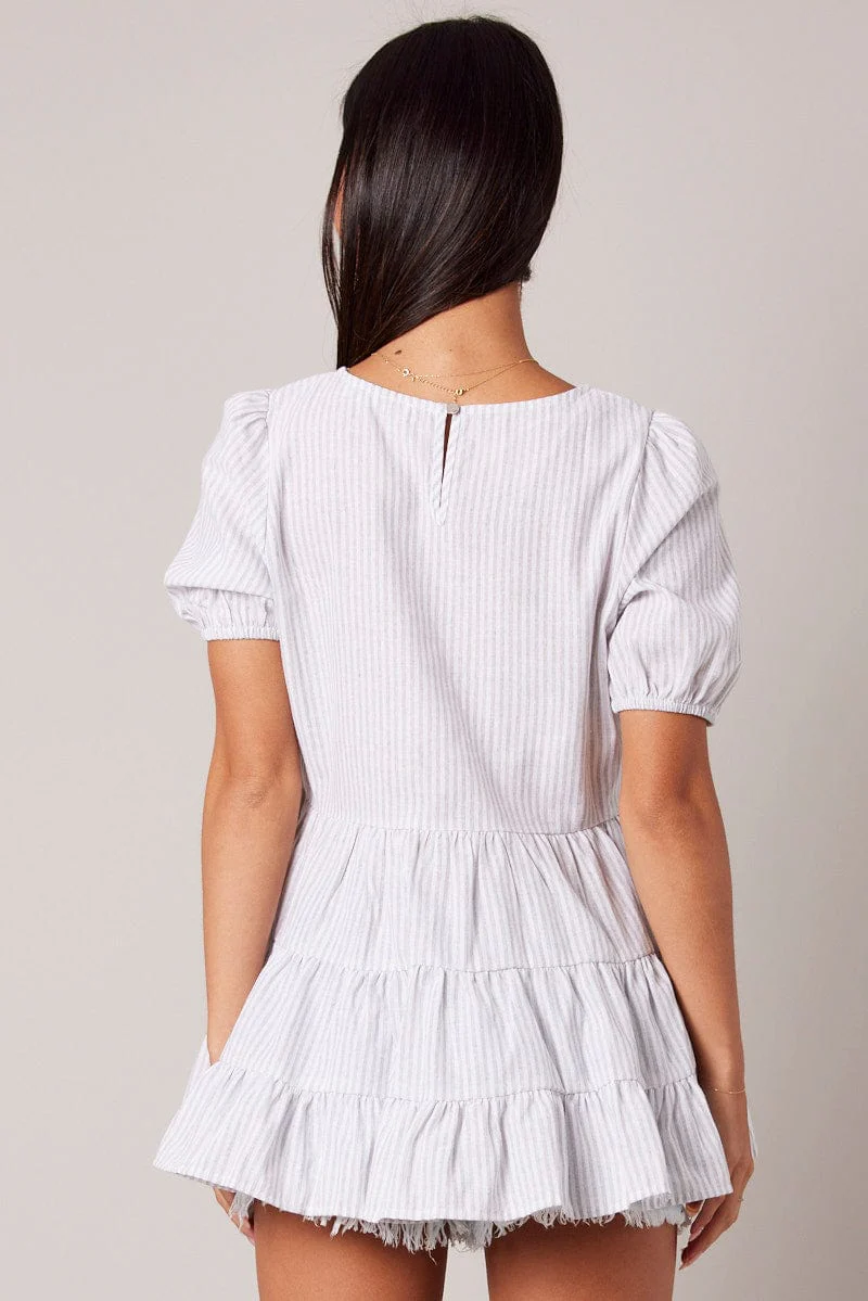 White Stripe Smock Top Short Sleeve Tiered