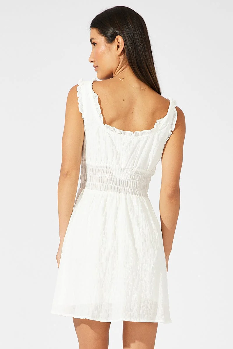 White Fit and Flare Dress Sleeveless Shirred Waist