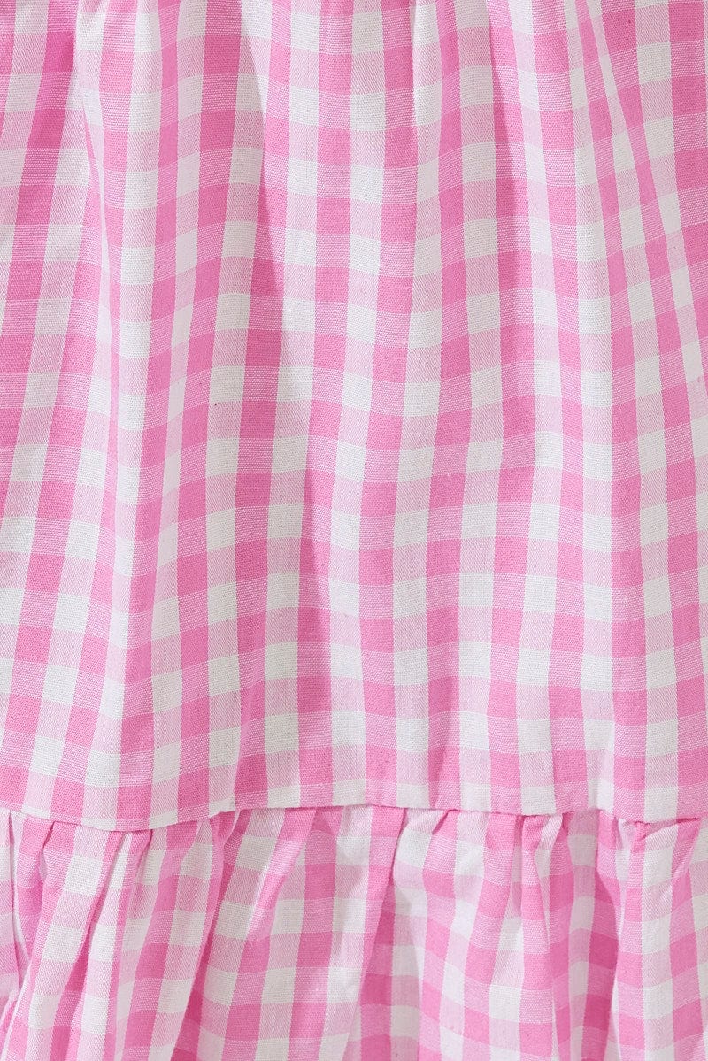 Pink Check Smock Dress Short Sleeve Tiered