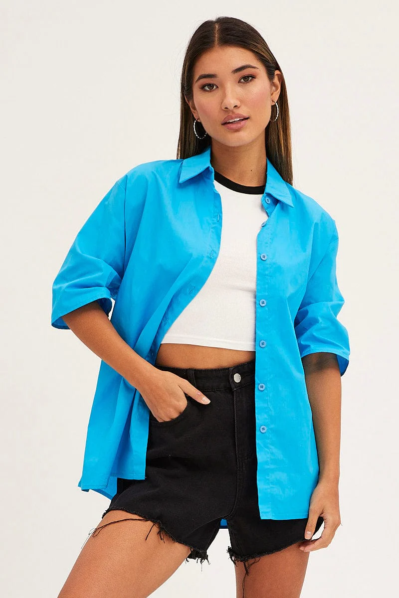 Blue Relaxed Fit Shirt Short Sleeve Collared Longline
