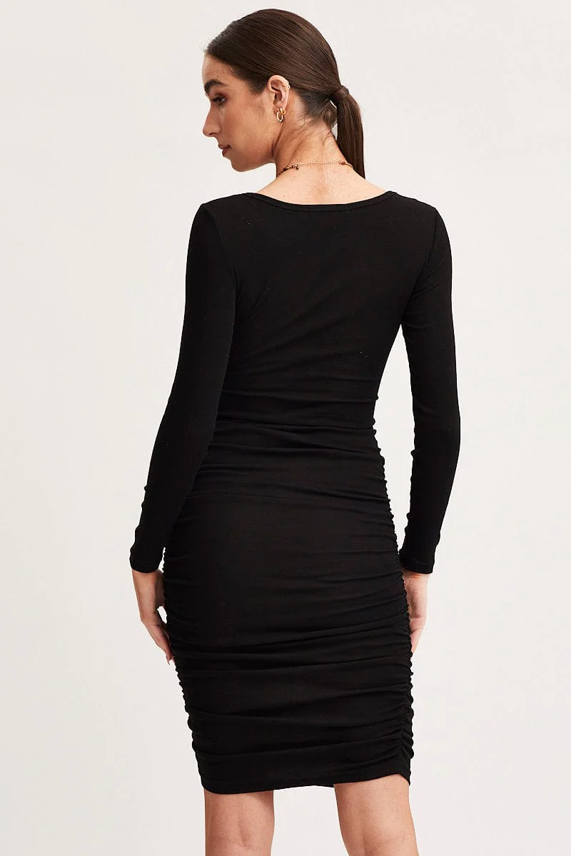 Black Bodycon Dress Long Sleeve Midi Ruched