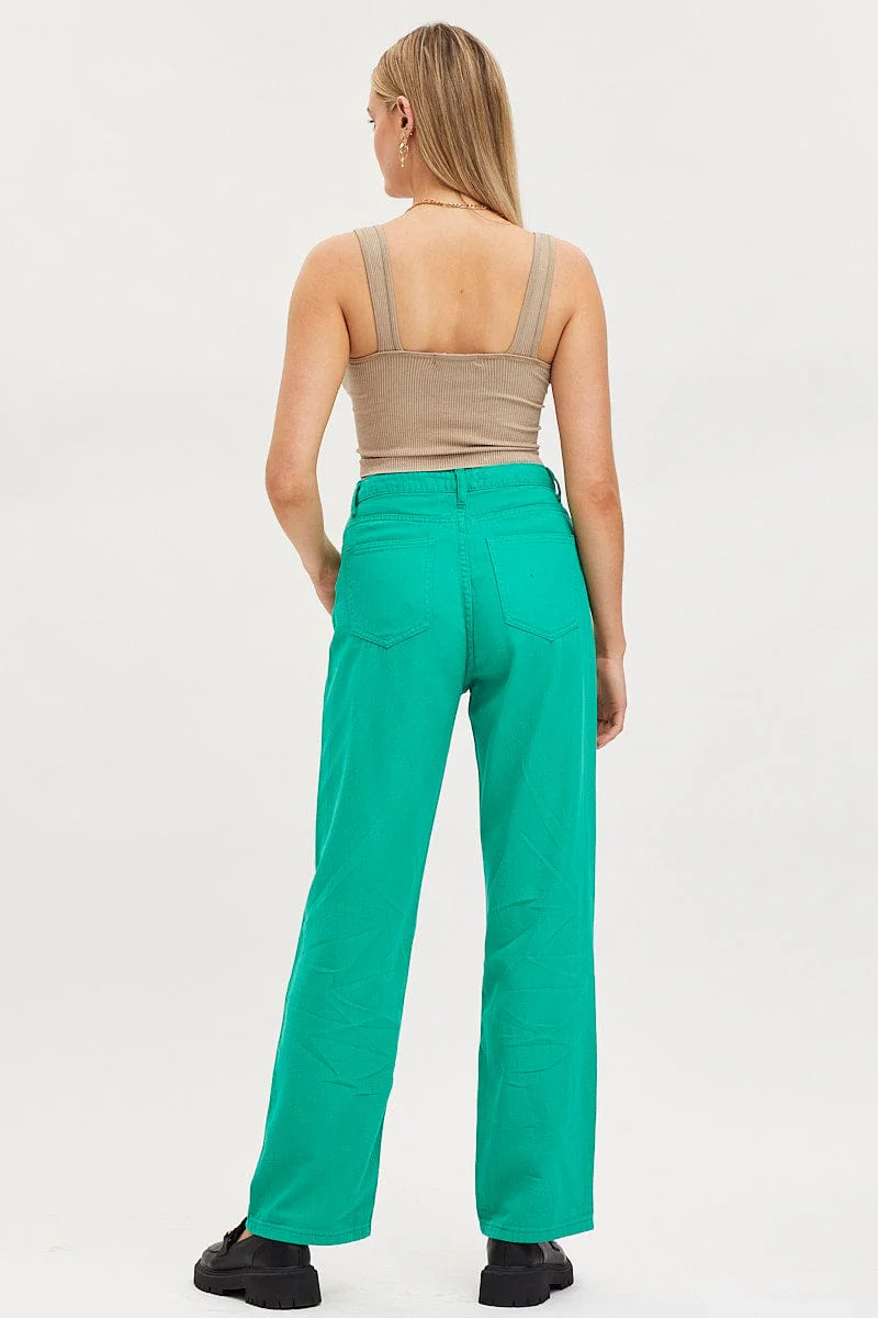 Green Straight Denim Jeans High Rise