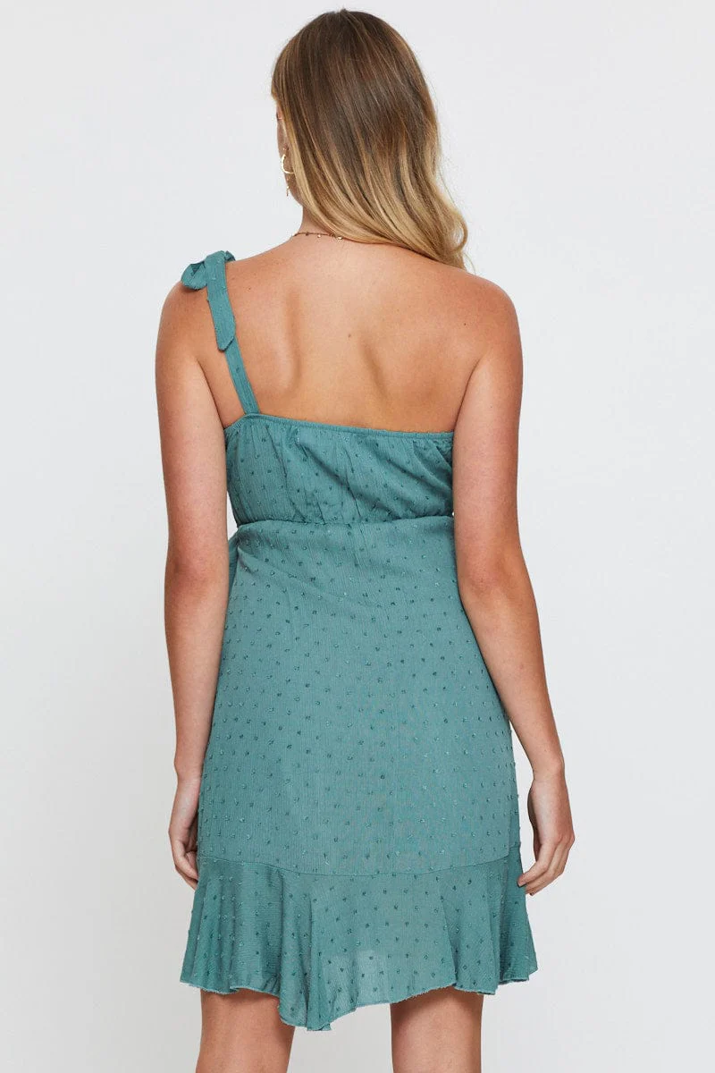 Green Wrap Dress One Shoulder Sleeveless