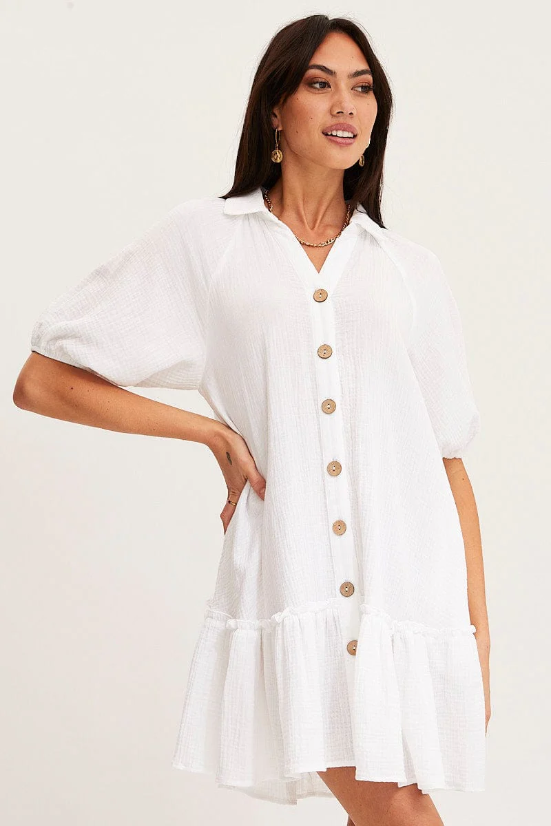 White Mini Dress Short Sleeve V Neck