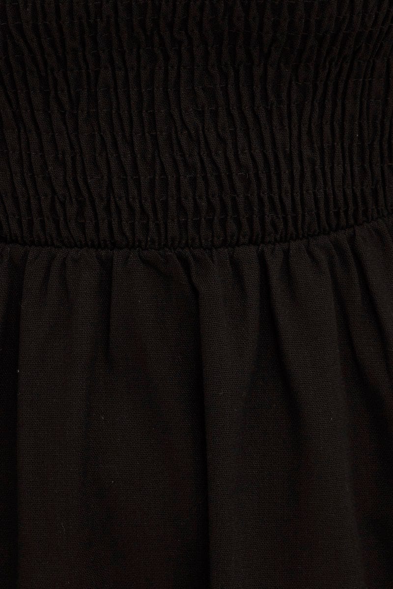 Black Puff Sleeve Shirred Tiered Midi Dress